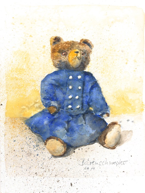 Meine alte Bärenschwester. Der Teddy hat ein Wollkleid an, das ich ca. 1962 getragen habe. 