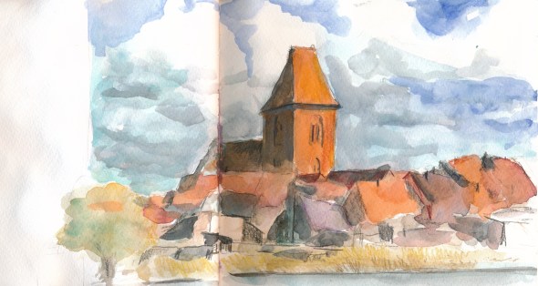 Blick auf Crivitz. Aquarell mit wasserlöslichen Stiften auf Fabriano Maschinenbütten.
