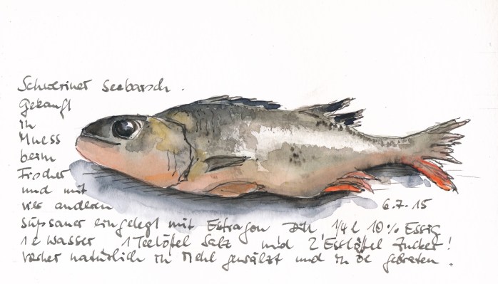 Küchenfertig vorbereiteter Barsch, noch mit Kopf und Gräten. Aquarell und Super5 in S&B Beta.
