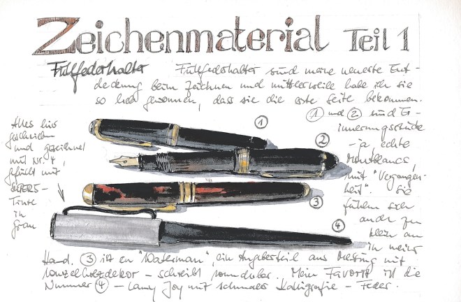 Vier Füllfederhalter, die beiden ältesten über sechzig Jahre alt, gezeichnet mit dem jüngsten und koloriert mit Wasserfarbe.