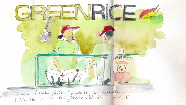 Asia-Imbiss "Green Rice" in Schwerin. Schnell skizziert mit einem PITT-Pen und zu Hause mit Wasserfarbe koloriert. 