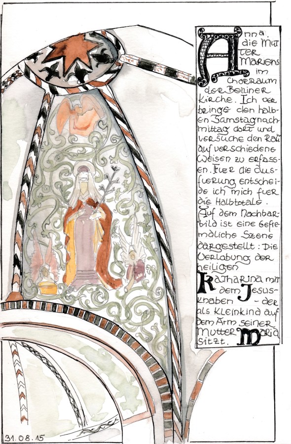 Chorraum der Belliner Kirche mit Darstellung der heiligen Anna. Marker und Wasserfarbe in S&B Beta.