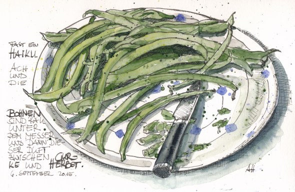 Grüne Bohnen auf einem Bloßlagen-Teller. Feder/Tusche mit Wasserfarbe koloriert. 