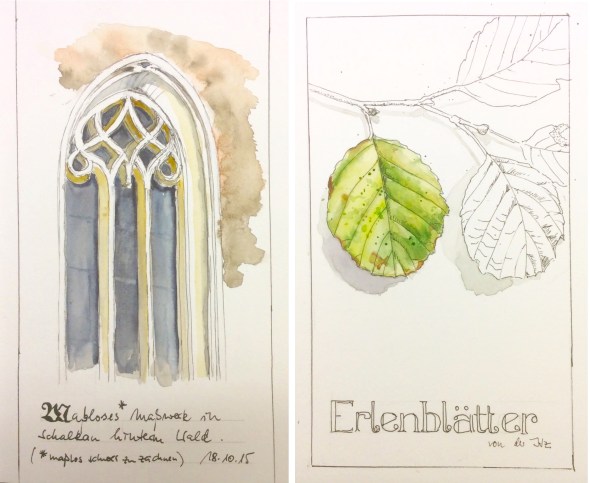 Maßlos schwer zu zeichnendes Maßwerk und ein paar Erlenblätter vom Rand der Itz.