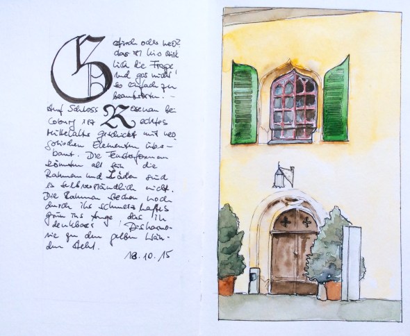 Eingang zum Schloss Rosenau bei Coburg, Marker, Tinte und Aquarell in einem S&B-Aquarellbuch