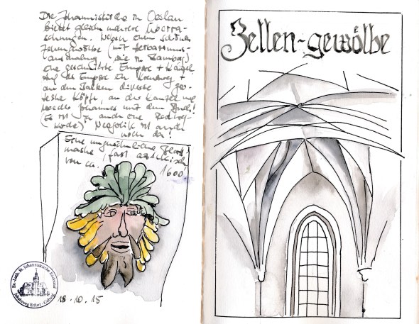 Eine Seite aus meinem Reisetagebuch mit Abbildungen aus der Kirche St. Johannis in Oeslau bei Coburg, 