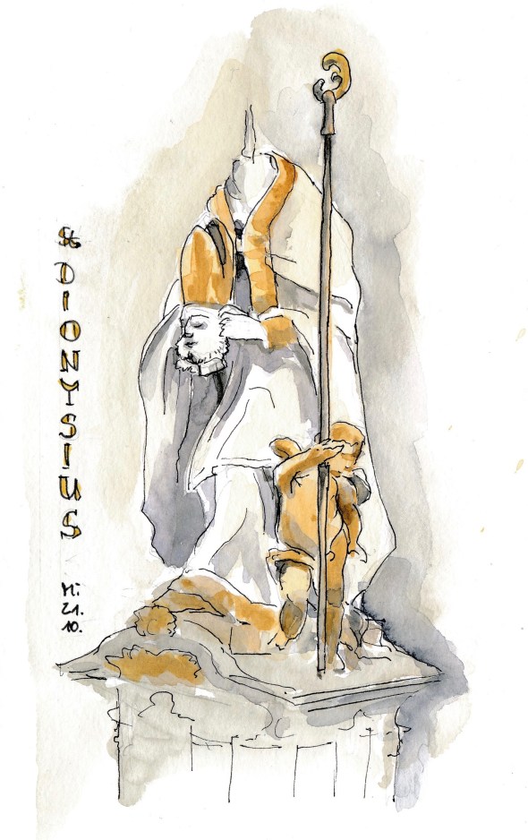 Statue des heiligen Dionysius in der Wallfahrtskirche Vierzehnheiligen. 